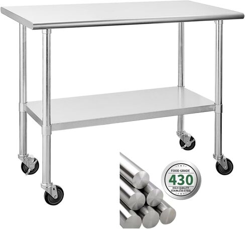 طاولة عمل من الفولاذ المقاوم للصدأ YBLFDY مقاس 60.96 × 48 بوصة مع عجلات، طاولة إعداد معدنية تجارية متينة وسهلة التنظيف، مناسبة للمنزل والفندق والمطبخ (24 × 48 بعجلات) in Kuwait