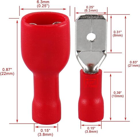 Baomain Male & Female Quick disconnects Vinyl Fully Insulated Spade Wire Connector Electrical Crimp Terminal 22-16 AWG 6.3mm Red Pack of 100 in Saudi Arabia