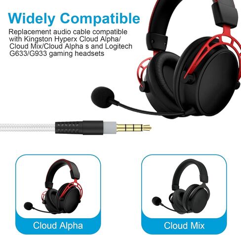 Auhsuxo Cloud Alpha Cable Replacement Audio Aux Cord Compatible with HyperX Cloud Alpha Cloud Mix Cloud Alpha S Logitech G633 G933 Gaming Headsets with Mute & Volume Control (No Mic,White) in Kuwait