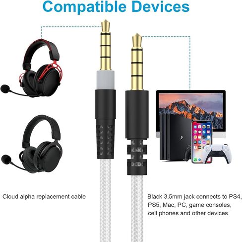 Auhsuxo Cloud Alpha Cable Replacement Audio Aux Cord Compatible with HyperX Cloud Alpha Cloud Mix Cloud Alpha S Logitech G633 G933 Gaming Headsets with Mute & Volume Control (No Mic,White) in Kuwait