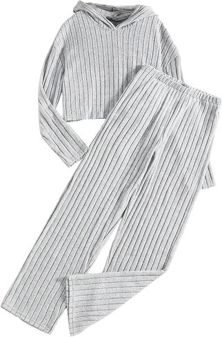 SHENHE Girl's Ribbed 2 Piece Outfits Plain Hoodie Sweatshirt and Pants Sweat Set Tracksuit in Saudi Arabia