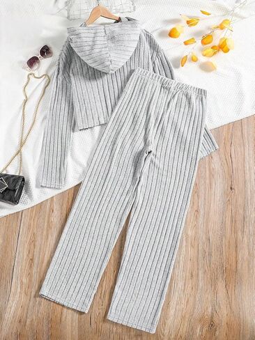 SHENHE Girl's Ribbed 2 Piece Outfits Plain Hoodie Sweatshirt and Pants Sweat Set Tracksuit in Saudi Arabia