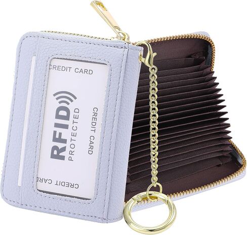 Leather Card Holder Wallet, 20 Card Slots RFID Blocking Zipper Card Case with ID Window & Detachable Keychain for Women - Lychee Pattern,Little Brown in Saudi Arabia