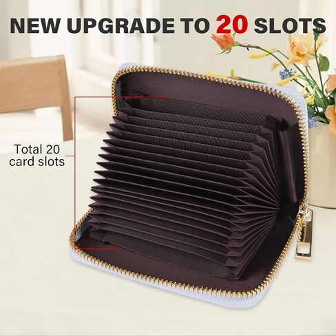 Leather Card Holder Wallet, 20 Card Slots RFID Blocking Zipper Card Case with ID Window & Detachable Keychain for Women - Lychee Pattern,Little Brown in Saudi Arabia