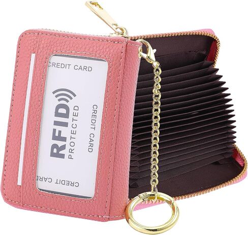 Leather Card Holder Wallet, 20 Card Slots RFID Blocking Zipper Card Case with ID Window & Detachable Keychain for Women - Lychee Pattern,Little Brown in Saudi Arabia