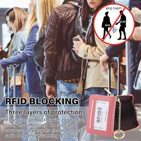 Leather Card Holder Wallet, 20 Card Slots RFID Blocking Zipper Card Case with ID Window & Detachable Keychain for Women - Lychee Pattern,Little Brown in Saudi Arabia