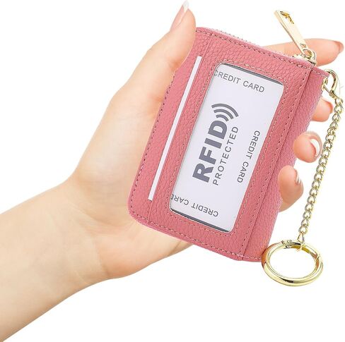 Leather Card Holder Wallet, 20 Card Slots RFID Blocking Zipper Card Case with ID Window & Detachable Keychain for Women - Lychee Pattern,Little Brown in Saudi Arabia
