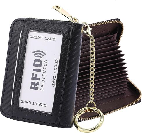 Leather Card Holder Wallet, 20 Card Slots RFID Blocking Zipper Card Case with ID Window & Detachable Keychain for Women - Lychee Pattern,Little Brown in Saudi Arabia