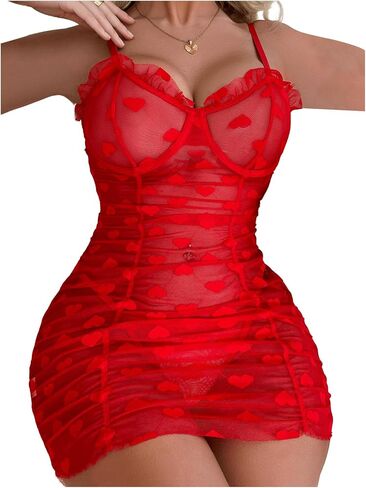 COZYEASE Women's 2 Piece Lingerie Set Heart Mesh Frill Trim Teddy Babydoll Lingerie Chemise Nightgown with Thong in Saudi Arabia
