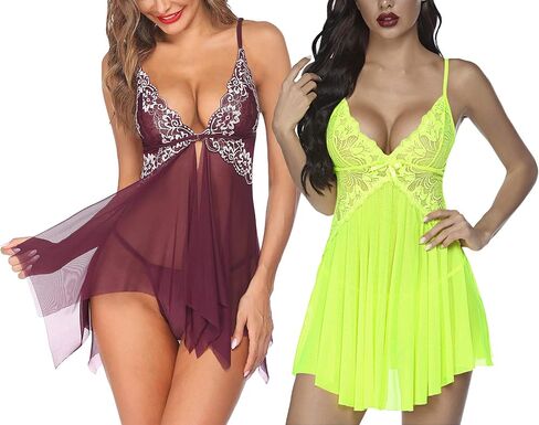 Avidlove Women Lace Lingerie Babydoll Chemise V Neck Nightwear Chemise Nightie(Fluorescent Green,Lilac,L) in Saudi Arabia