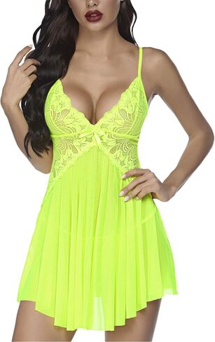 Avidlove Women Lace Lingerie Babydoll Chemise V Neck Nightwear Chemise Nightie(Fluorescent Green,Lilac,L) in Saudi Arabia