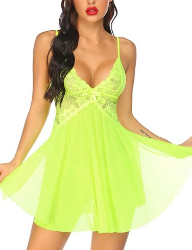 Avidlove Women Lace Lingerie Babydoll Chemise V Neck Nightwear Chemise Nightie(Fluorescent Green,Lilac,L) in Saudi Arabia