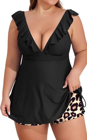 Eomenie Women's Plus Size Tankini Tummy Control Two Piece Swimsuit Ruffle V Neck Bathing Suit Lace Up Swimwear with Shorts in Saudi Arabia