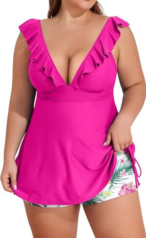 Eomenie Women's Plus Size Tankini Tummy Control Two Piece Swimsuit Ruffle V Neck Bathing Suit Lace Up Swimwear with Shorts in Saudi Arabia
