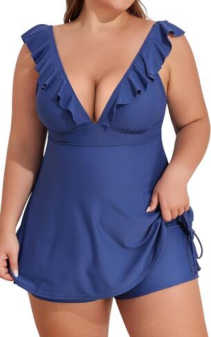 Eomenie Women's Plus Size Tankini Tummy Control Two Piece Swimsuit Ruffle V Neck Bathing Suit Lace Up Swimwear with Shorts in Saudi Arabia