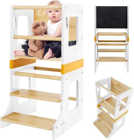 Weyderk Kitchen Step Stool for Toddlers, Kids Kitchen Stool with Removable Anti-Drop Railing, Adjustable Height, Anti-Slip, Toddler Standing Tower for Bathroom, Kitchen Counter, Grey in Saudi Arabia