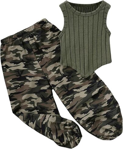 Floerns Toddler Girl's 2 Piece Outfit Rib Knit Tank Top with Camo Print Jogger Pants Set in Saudi Arabia