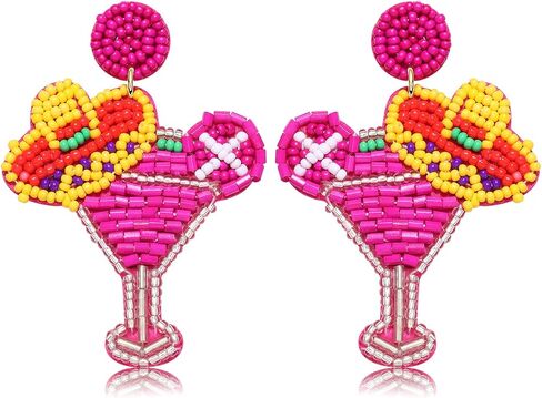 Beaded Cocktail Earrings Cinco De Mayo Earrings for Women Tropical Drink Hot Pink Drop Dangle Earrings Mexican Summer Holiday Jewelry Gifts in Saudi Arabia