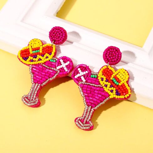 Beaded Cocktail Earrings Cinco De Mayo Earrings for Women Tropical Drink Hot Pink Drop Dangle Earrings Mexican Summer Holiday Jewelry Gifts in Saudi Arabia