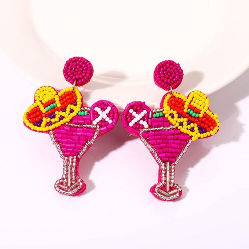 Beaded Cocktail Earrings Cinco De Mayo Earrings for Women Tropical Drink Hot Pink Drop Dangle Earrings Mexican Summer Holiday Jewelry Gifts in Saudi Arabia