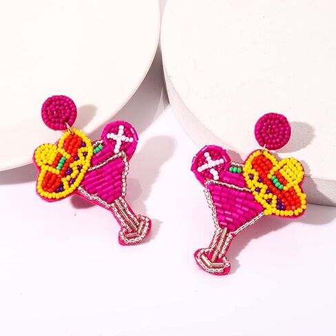 Beaded Cocktail Earrings Cinco De Mayo Earrings for Women Tropical Drink Hot Pink Drop Dangle Earrings Mexican Summer Holiday Jewelry Gifts in Saudi Arabia
