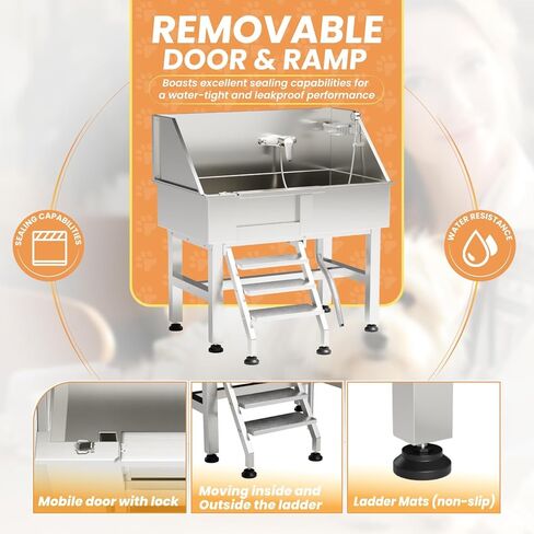محطة استحمام الكلاب RUDCXDY، محطة غسيل احترافية للكلاب مقاس 38 بوصة، حوض استحمام للكلاب من الفولاذ المقاوم للصدأ للمنزل، مجهزة بثلاث خطوات مضادة للانزلاق، باب قابل للإزالة، محطة غسيل الحيوانات الأليفة للحيوانات الأليفة in Kuwait