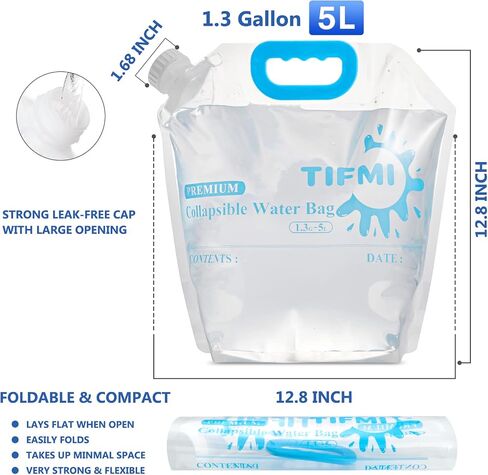 TIFMI 5 Pack 1.3 gallon water jug, Collapsible Water Container Bag, BPA Free Food Grade Clear Plastic Storage Tank for Camping Hiking Backpack Emergency, No-Leak Freezable Foldable Water Bottle in Saudi Arabia