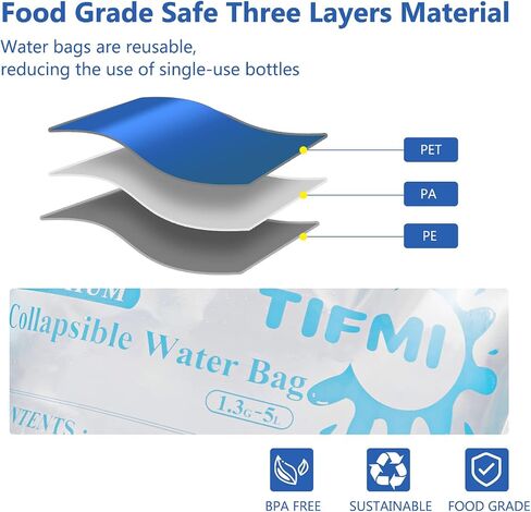 TIFMI 5 Pack 1.3 gallon water jug, Collapsible Water Container Bag, BPA Free Food Grade Clear Plastic Storage Tank for Camping Hiking Backpack Emergency, No-Leak Freezable Foldable Water Bottle in Saudi Arabia