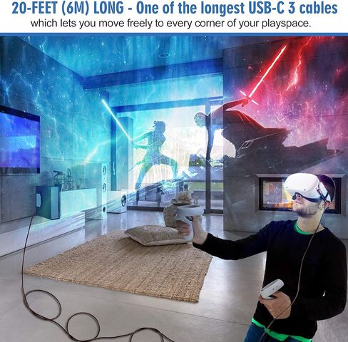 كابل Kuject Link بطول 20 قدم متوافق مع Oculus Quest 2 USB 3.0 النوع A إلى C، سلك شحن طويل مجدول من النايلون لتوصيل بيانات الطاقة، ملحقات ألعاب الواقع الافتراضي الرائعة لـ Oculus Quest in Kuwait