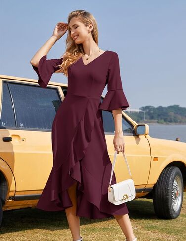 HomRain Women's V Neck Bell Sleeve Formal Dresses for Wedding Guest Ruffle Split Evening Party Cocktail Dress in Saudi Arabia