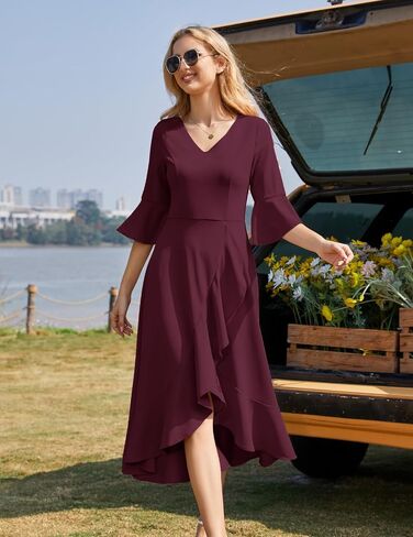 HomRain Women's V Neck Bell Sleeve Formal Dresses for Wedding Guest Ruffle Split Evening Party Cocktail Dress in Saudi Arabia