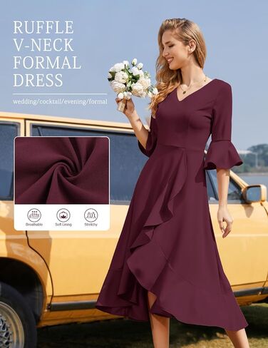 HomRain Women's V Neck Bell Sleeve Formal Dresses for Wedding Guest Ruffle Split Evening Party Cocktail Dress in Saudi Arabia