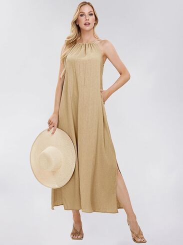 EXLURA Women's 2024 Summer Casual Sleeveless Beach Maxi Dress Plus Size Flowy Long Dress with Pockets Vacation Outfit in Saudi Arabia