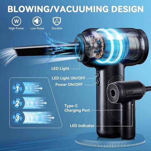 Compressed Air Duster Keyboard Cleaner, Electric Air Duster Air Blower Mini Car Vacuum Cordless for Computer PC Laptop Electric Devices Deep Cleaning, Replaces Compressed Air Can, Rechargeable, Black in Saudi Arabia