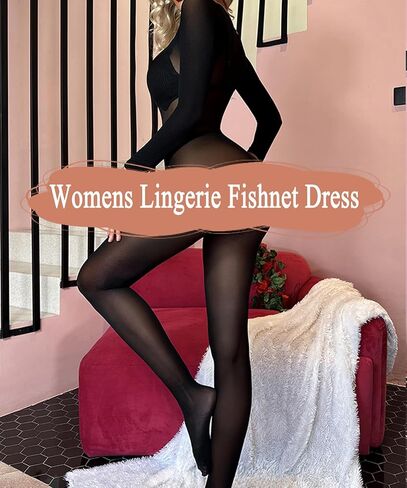 ملابس داخلية نسائية شبكية من WINROLA، فستان قصير من شبكة صيد السمك باللون الأسود، مقاس موحد، قمصان شفافة in Kuwait