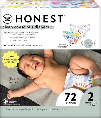 شركة صادقة حفاضات نظيفة واعية | نباتي ومستدام | مطبوعات طبعة محدودة | صندوق النادي، الحجم 2 (12-18 رطلاً)، 72 قطعة in Kuwait