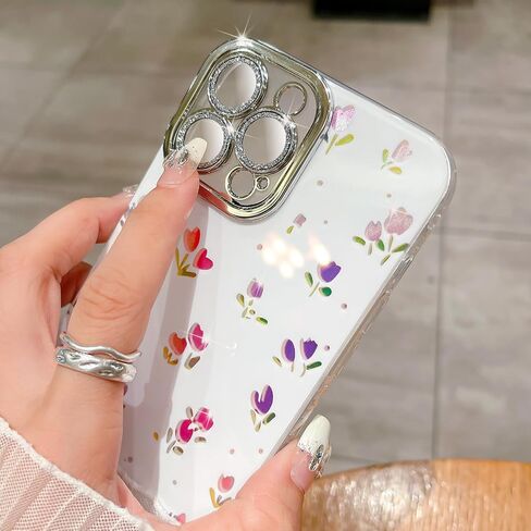 حافظة LIFCUSO مصممة لهاتف iPhone 14 Pro Max، حافظة هاتف بتصميم زهور وردية، غطاء صلب مقاوم للصدمات من مادة TPU المرنة اللامعة للنساء والفتيات، حماية كاملة لعدسة الكاميرا (أزهار) in Kuwait
