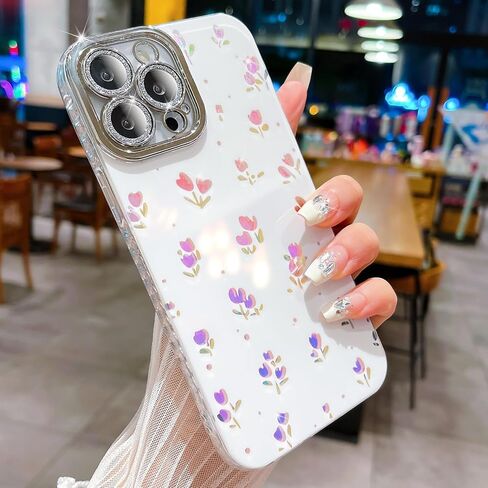 حافظة LIFCUSO مصممة لهاتف iPhone 14 Pro Max، حافظة هاتف بتصميم زهور وردية، غطاء صلب مقاوم للصدمات من مادة TPU المرنة اللامعة للنساء والفتيات، حماية كاملة لعدسة الكاميرا (أزهار) in Kuwait