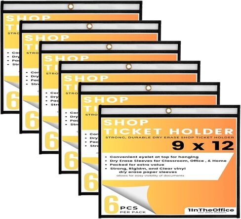 1InTheOffice Dry Erase Pocket Sleeves 9x12, Black Shop Ticket Holders, Plastic Dry Erase Sheet (6 Pack) in Saudi Arabia