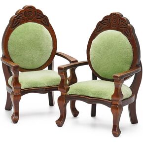 كراسي مصغرة ذات كرسي بذراعين من Odoria Dollhouse: كرسي بلكنة بمقياس 1/12 لغرفة المعيشة الفيكتورية العتيقة - مقعد صالة صغير فاخر - أثاث خشبي صغير باللون الأخضر العتيق قطعتان in Kuwait