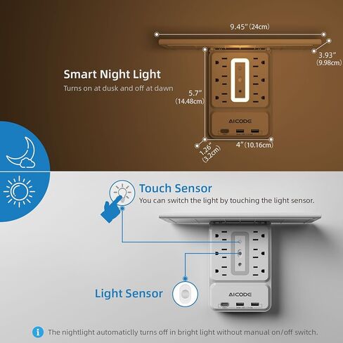 موسع منفذ مع USB C، AICODE متعدد المنافذ حامي عرام مع ضوء الليل، 6 منافذ حائط مع USB (3 USB A و1 USB C)، شريط طاقة متعدد المنافذ للتركيب على الحائط للمنزل والنوم والمكتب in Kuwait