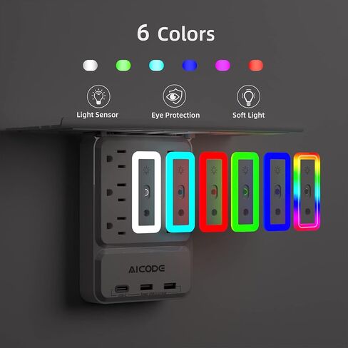 موسع منفذ مع USB C، AICODE متعدد المنافذ حامي عرام مع ضوء الليل، 6 منافذ حائط مع USB (3 USB A و1 USB C)، شريط طاقة متعدد المنافذ للتركيب على الحائط للمنزل والنوم والمكتب in Kuwait