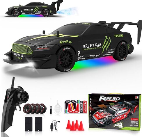 RC الانجراف سيارة 1/16 مقياس 2.4 جيجا هرتز 4WD سيارة التحكم عن بعد مع رذاذ وأضواء LED، 30 + كم / ساعة عالية السرعة RC سحب السيارة، سباق السيارات لعبة رياضية للبالغين بنين بنات أطفال هدية 2PCS بطارية قابلة للشحن in Kuwait