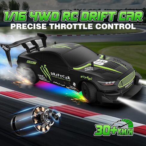 RC الانجراف سيارة 1/16 مقياس 2.4 جيجا هرتز 4WD سيارة التحكم عن بعد مع رذاذ وأضواء LED، 30 + كم / ساعة عالية السرعة RC سحب السيارة، سباق السيارات لعبة رياضية للبالغين بنين بنات أطفال هدية 2PCS بطارية قابلة للشحن in Kuwait