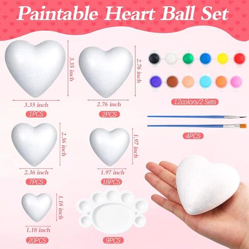 Seenelling 56 Pcs Valentine's Day Painting Kit Craft Foam Hearts Balls Unpainted Polystyrene Foam Balls for Adults DIY Craft Projects Wedding or Valentines Party Modeling Decoration in Saudi Arabia