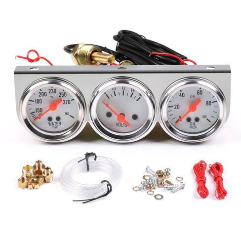 52mm Triple Gauge Set Compatible with Oil Pressure Voltage and Water Temperature with Mechanical Chrome Bezel Compatible with Universal Gauges in Saudi Arabia