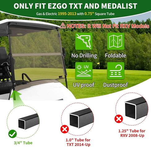 Golf Cart Foldable Windshield 3/16" (5MM) Thicken Only Fits 1995-2013 EZGO TXT & Medalist, Fits 3/4" Struts Rail Front Folding Windshield Replacement Included Mounting Hardware in Kuwait
