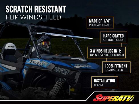 الزجاج الأمامي المقاوم للخدش SuperATV لـ Polaris RZR S 1000 / S4 1000 (انظر الملاءمة) - مصنوع من البولي كربونات مقاس 1/4 بوصة - أقوى 250 مرة من الزجاج - يمكن إغلاقه أو تهويته أو فتحه بالكامل - صنع في الولايات المتحدة الأمريكية in Saudi Arabia