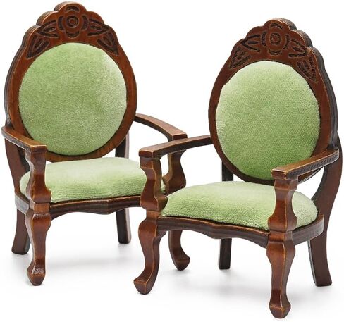 كراسي مصغرة ذات كرسي بذراعين من Odoria Dollhouse: كرسي بلكنة بمقياس 1/12 لغرفة المعيشة الفيكتورية العتيقة - مقعد صالة صغير فاخر - أثاث خشبي صغير باللون الأخضر العتيق قطعتان in Kuwait