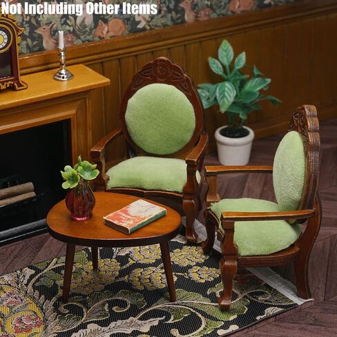 كراسي مصغرة ذات كرسي بذراعين من Odoria Dollhouse: كرسي بلكنة بمقياس 1/12 لغرفة المعيشة الفيكتورية العتيقة - مقعد صالة صغير فاخر - أثاث خشبي صغير باللون الأخضر العتيق قطعتان in Kuwait